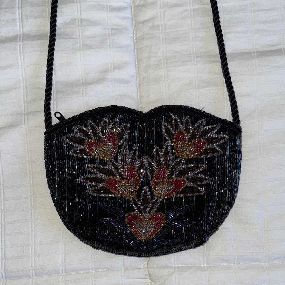Vintage Black Beaded Bag with Heart Details